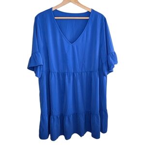 Blue Tiered Short Ruffle Sleeve Swingy V-neck Dress or Swim Coverup Size XL